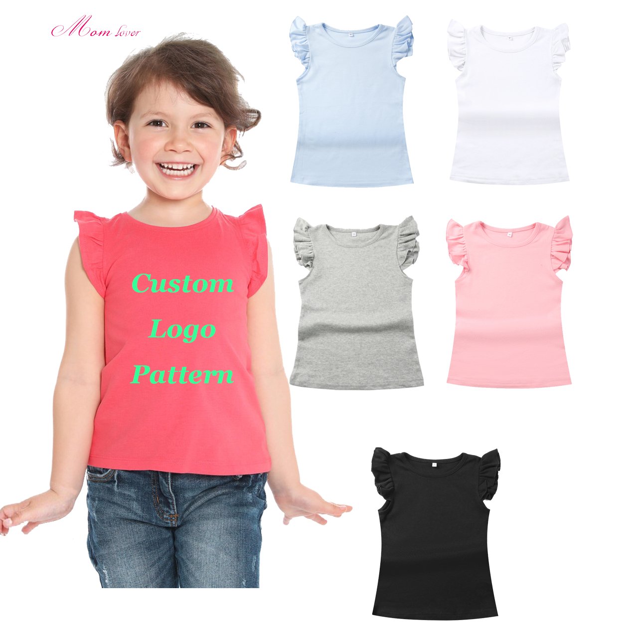 Ruffled manchet t-hemp leë somerhemp kortmou t-hemde vir meisies